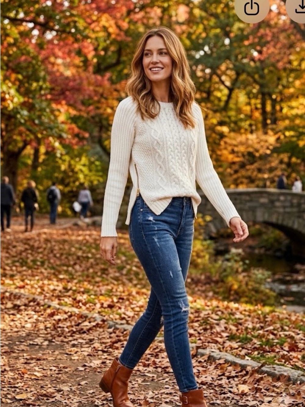 Michael Kors White Cable-Knit Crewneck Sweater with Side Zip Detail